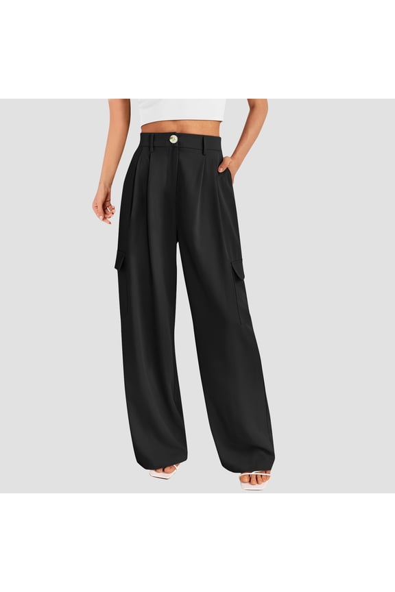 Wiyuqeen Womens Business Pants Dressy Casual Button Down High Waisted Suit Pants Straight Wide Leg Long Work Trousers Pretty Solid Slacks with Muilt Pockets