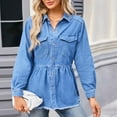 thumbnail image 1 of Wiyuqeen Womens Button Down Jean Tunic Elegant Pleated Waist Denim Coat Soft Lightweight Long Jean Jackets Lapel Long Sleeve Denim Shirt, 1 of 7