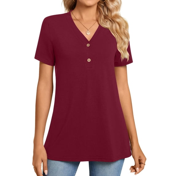 Wiyuqeen Womens Button-up Henley Neck Blouses Dressy Casual Solid Color Short Sleeve Tunics Tops Comfy Loose Fitted Flowy T-shirts Basic Summer Shirts