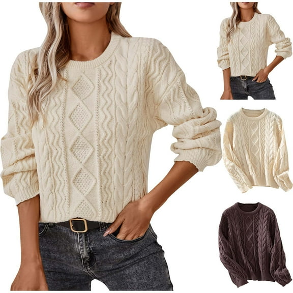 Wiyuqeen Womens Cable Knit Sweaters Crew Neck Long Sleeve Drop Shoulder Pullover Solid Loose Fit Sweaters Lightweight Fall Sweaters