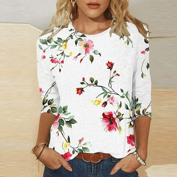 Wiyuqeen Womens Casual 3/4 Sleeve T-Shirts Round Neck Cute Print Tops Trendy Loose Fit Three Quarter Length Blouses Boho Floral Shirts
