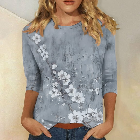 Wiyuqeen Womens Casual 3/4 Sleeve T-Shirts Round Neck Cute Print Tops Trendy Loose Fit Three Quarter Length Blouses Boho Floral Shirts