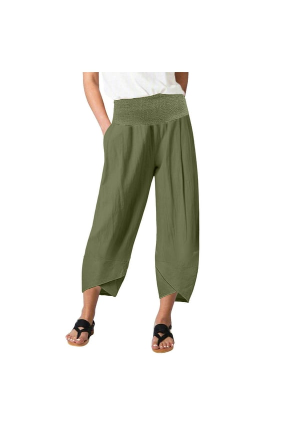 Womens Casual Cropped Trousers Solid Smocked High Waist Capri Pants Loose Straight Wide Leg Slacks with Pockets Summer Lightweight Pants
