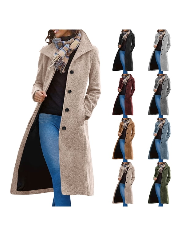 Womens Coats Winter Long Wool Coat Trench Coat Fall Clothes Casual Blazers Notch Lapel Breasted Jacket Blend Peacoat Pocket