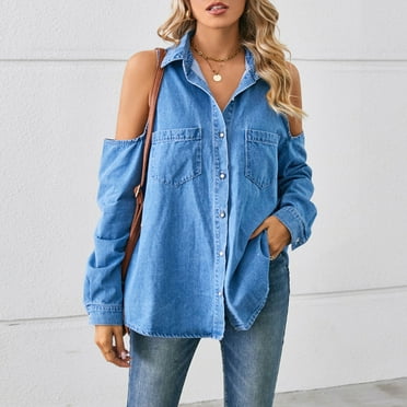 Wiyuqeen Womens Cold Shoulder Jacket Lightweight Long Sleeve Denim Jacket Soft Trendy Lapel Button Down Denim Coat with Chest Poackets