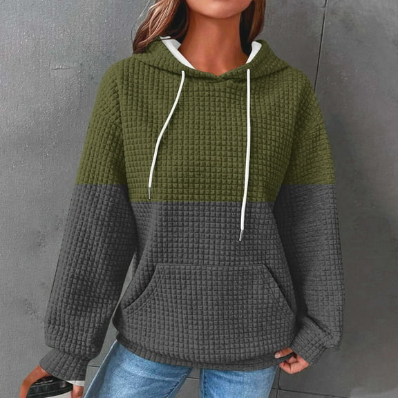 Wiyuqeen Womens Color Block Waffle Sweatshirt Soft Trendy Long Sleeve Hoodies Casual Knit Drawstring Pullover Tops Loose Hooded Sweatshirt with Pocket