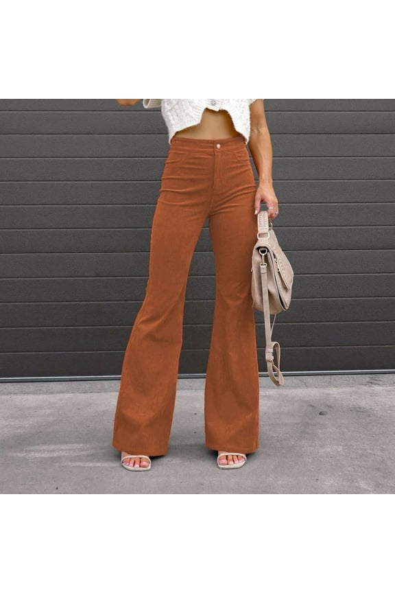Womens Corduroy Pants High Waisted Stretchy Long Trousers Fashion Solid Color Flared Pants with Pockets Casual Fitted Going Out Pants
