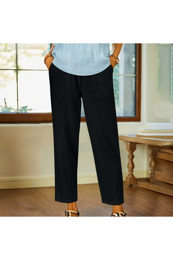 Womens Cotton Linen Pants High Elastic Waist Straight Leg Crop Pants Loose Comfy Solid Lightweight Pants Summer Casual Beach Trousers with Pockets