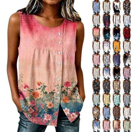 Wiyuqeen Womens Cotton Linen Suit Vest Summer Casual Sleeveless Asymmetrical Button Down Tank Tops Boho Floral Print Work Waistcoat