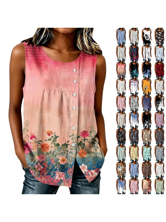 Womens Cotton Linen Suit Vest Summer Casual Sleeveless Asymmetrical Button Down Tank Tops Boho Floral Print Work Waistcoat