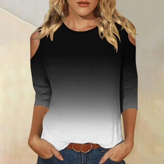 Wiyuqeen Womens Crew Neck Cold Shoulder Tops Short Sleeve Gradient Color Casual T Shirts Loose Fit Trendy Going Out Basic Blouses Tees