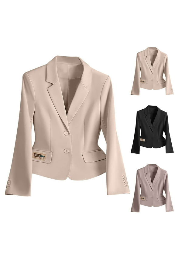 Womens Cropped Blazers Suits Long Sleeve Notch Collar Jacket Suits Solid Lightweight Blazers Plus Size Office Blazer Coats