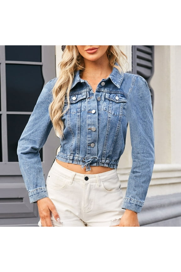 Wiyuqeen Womens Cropped Jean Jackets Elegant Slim Fit Denim Cardigants Dressy Casual Tie Front Jean Coats Lapel Button Down Shacket