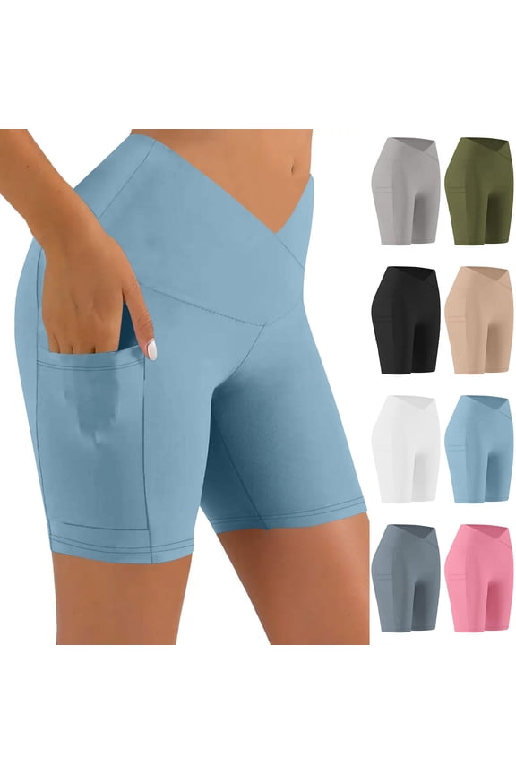 Womens Crossover Biker Shorts with Tummy Control Solid V High Waisted Booty Criss Cross Shorts for Workout Yoga Pocket