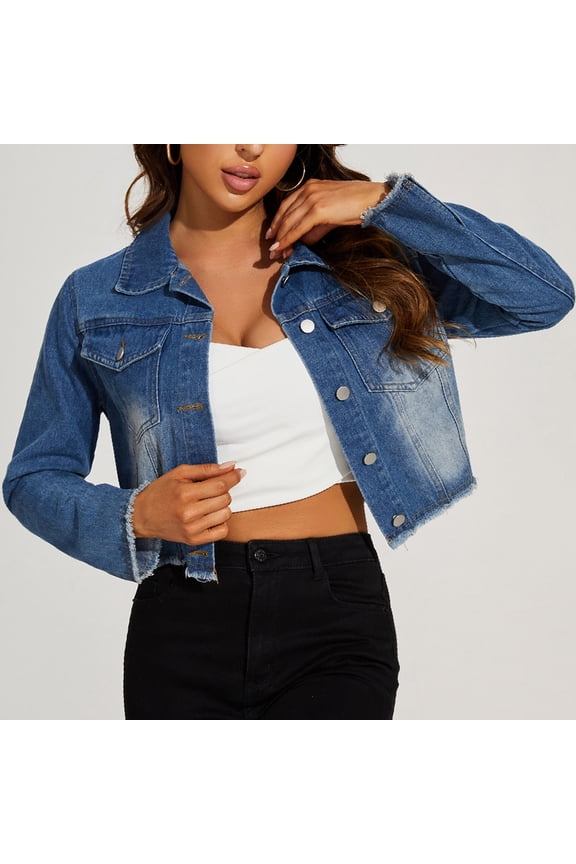 Womens Denim Jacket Distressed Frayed Ripped Jean Jacket Casual Button Down Light Jackets Ladies Cropped Long Sleeve Jean Jackets