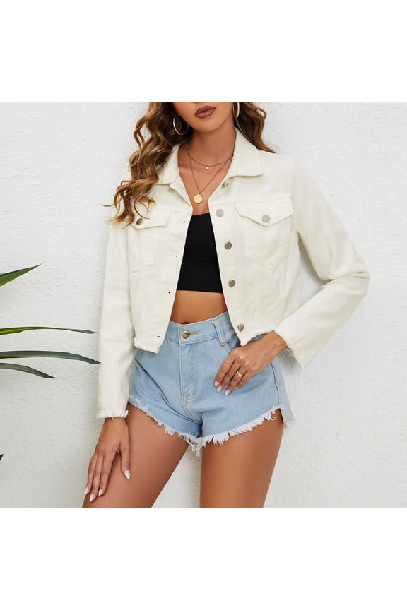 Womens Denim Jacket Distressed Frayed Ripped Jean Jacket Casual Button Down Light Jackets Ladies Cropped Long Sleeve Jean Jackets