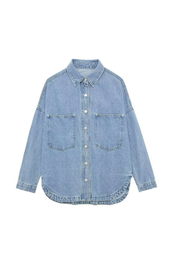 Womens Denim Shirts Oversized Long Sleeve Jean Jackets Comfy Boyfriend Jean Shacket with Pockets Trendy Button Down Shirts