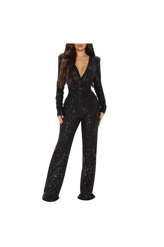 Womens Elegant Sequins Jumpsuit Formal Wrap V Neck Long Sleeve High-Waist Romper Shiny Evening Party Clubwear Womens Gifts