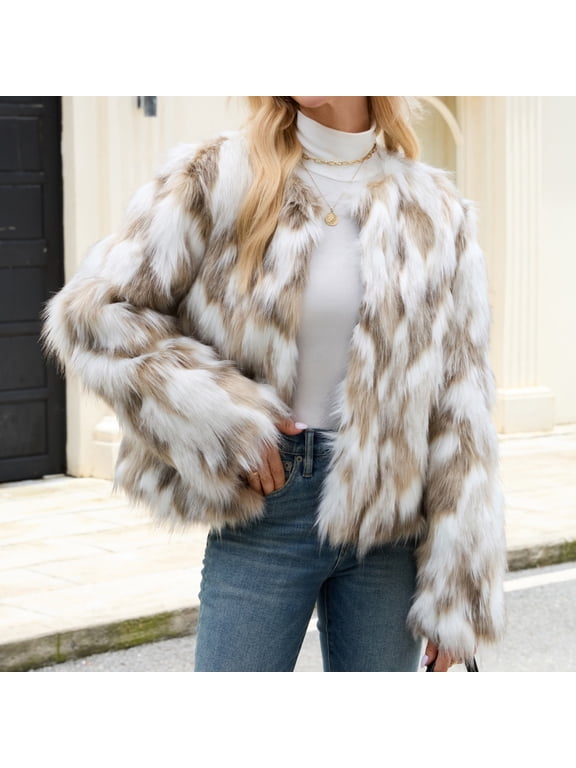 Womens Faux Fur Coat Lapel Open Front Fluffy Shaggy Jacket Winter Warm Furry Overcoat Thicken Outerwear for Ladies