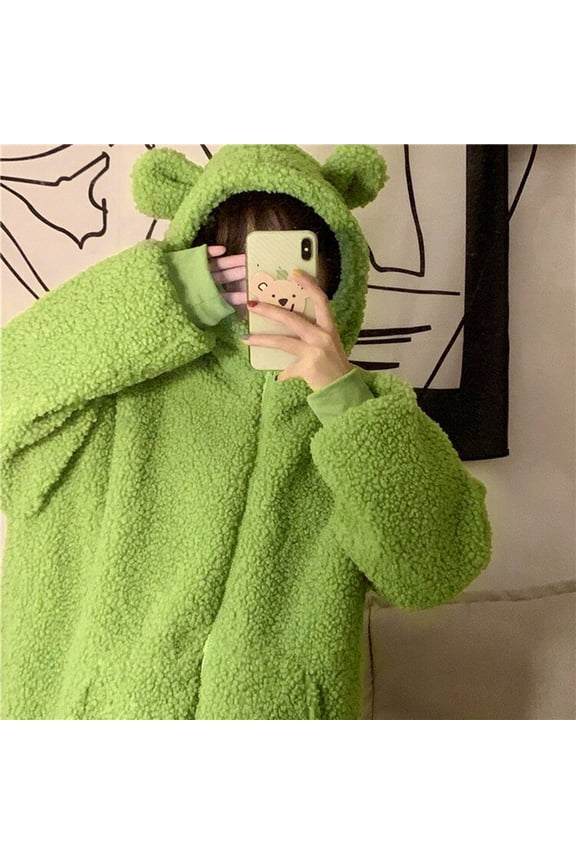 Womens Faux Fur Jackets Warm Plush Zipper Pocket Loose Coat Zipper Fuzzy Fleece Jacket Hooded Cardigan Coat