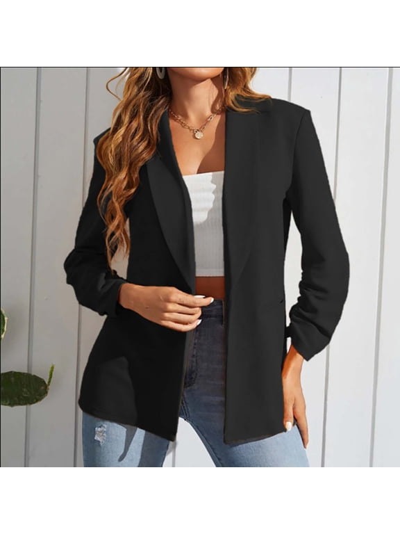 Womens Fitted Blazer Fall Casual Business Jackets Long Sleeve Open Front Suit Jackets Work Clothes with Pockets