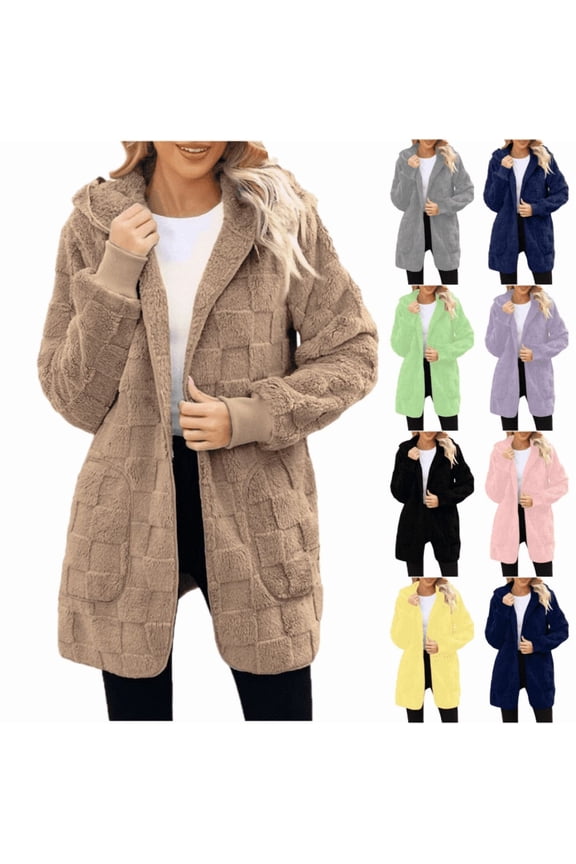Womens Fleece Open Front Jacket with Pockets Oversized Long Sherpa Hoodie Fuzzy Jackets Plus Size Warm Teddy Coat with Pocket