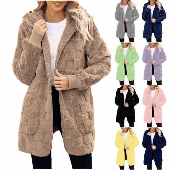 Wiyuqeen Womens Fleece Open Front Jacket with Pockets Oversized Long Sherpa Hoodie Fuzzy Jackets Plus Size Warm Teddy Coat with Pocket
