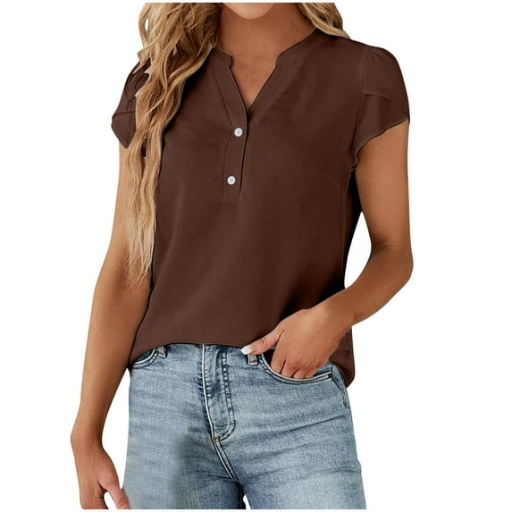 Wiyuqeen Womens Henley Tunic Tops Summer Button Down Solid Color T-Shirts Petal Short Sleeve V-Neck Casual Blouses Basic Baggy Work T-shirts