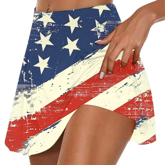 Wiyuqeen Womens High Waist 4th of July Skirt with Built-in Shorts Star Striped Print Tennis Skirts American Flag Athletic Skort