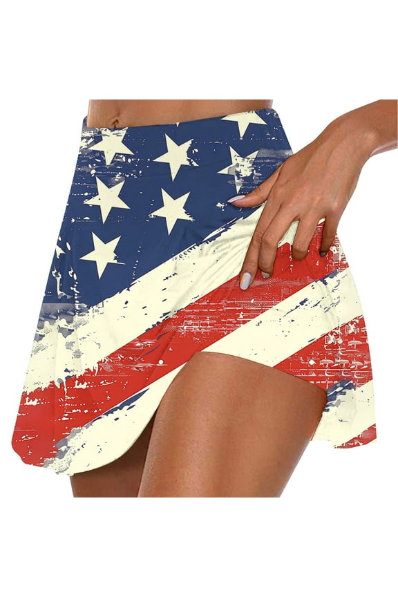 Womens High Waist 4th of July Skirt with Built-in Shorts Star Striped Print Tennis Skirts American Flag Athletic Skort