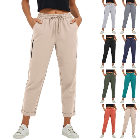 Wiyuqeen Womens Hiking Pants Quick Dry UPF 50 Lightweight Travel Golf Cargo Safari Pants Elastic Waist Solid Rolled Crop Pants with Zipper Pockets Black XL
