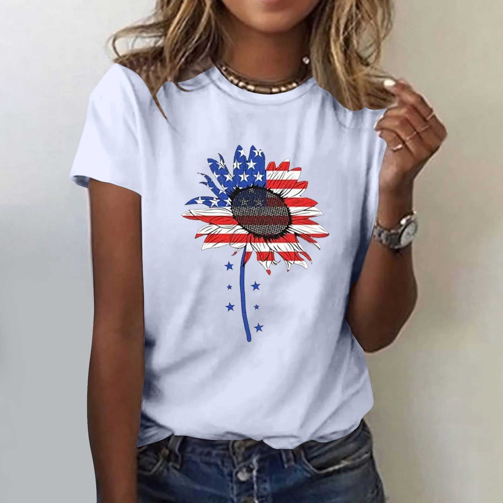 Wiyuqeen Womens Independence Day Crew Neck Short Sleeve Tops USA flag ...