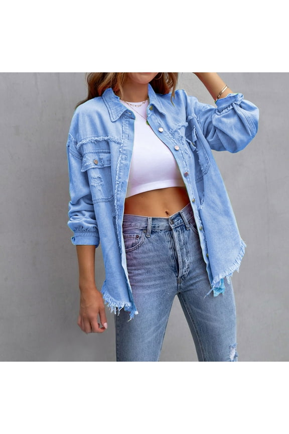 Womens Lightweight Denim Jackets Ripped Fringe Jean Jacket with Long Sleeve Distressed Washed Button Down Frayed Denim Shacket Pockets