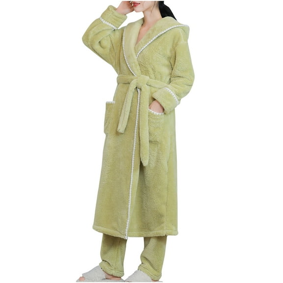 Wiyuqeen Womens Long Fleece Robe with Hood Warm Soft Anke Length Flannel Bathrobes for Winter Thicker Long House Coat with Pockets