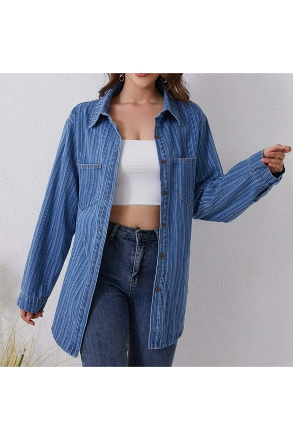 Womens Long Jean Jackets Soft Trendy Strip Print Denim Jackets Lightweight Long Sleeve Jean Coats with Chest Pockets