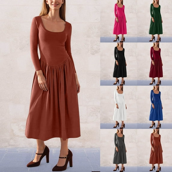 Wiyuqeen Womens Long Sleeve Fall Maxi Dress Square Neck Casual A-Line Midi Dress Solid Slim Swing Pleated Dresses
