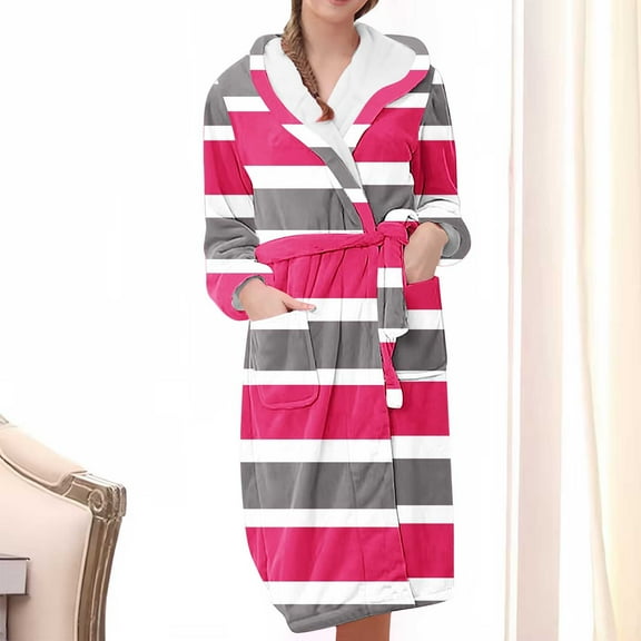 Wiyuqeen Womens Long Sleeve Hoodie Robe with Pockets Casual Long Bathrobe Sleepwear Ladies Color Block Open Front Bathrobes with Belt Casual Pajamas Fluffy Lounegwear