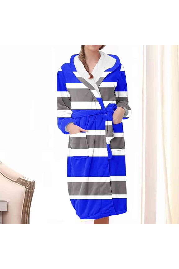 Womens Long Sleeve Hoodie Robe with Pockets Casual Long Bathrobe Sleepwear Ladies Color Block Open Front Bathrobes with Belt Casual Pajamas Fluffy Lounegwear