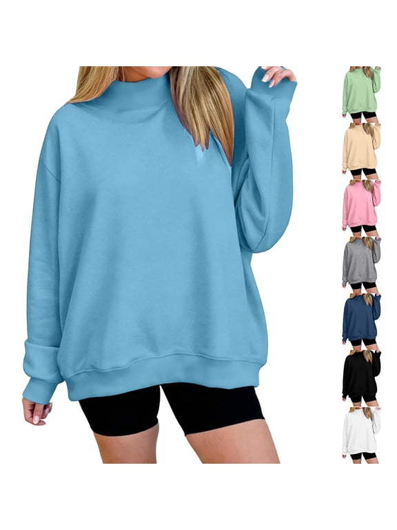 Womens Mock Neck Long Sleeve Oversized Sweatshirts Basic Solid Color Fall Pullover Tops Thic Fleece Line Sweat Shirts S-XXL