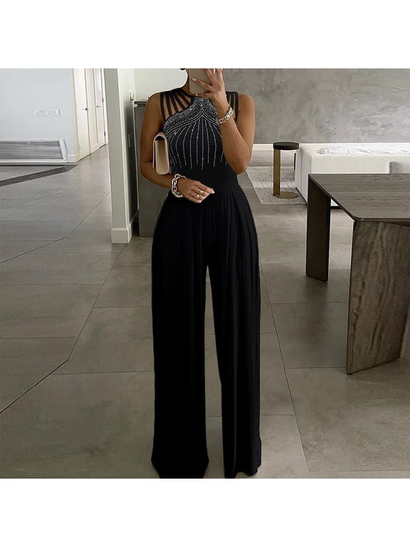 Womens One Piece Elegant Overlay Jumpsuit Dressy Glitter Bodycon Formal Sleeveless Rhinestone Wide Leg Romper Party Outfits