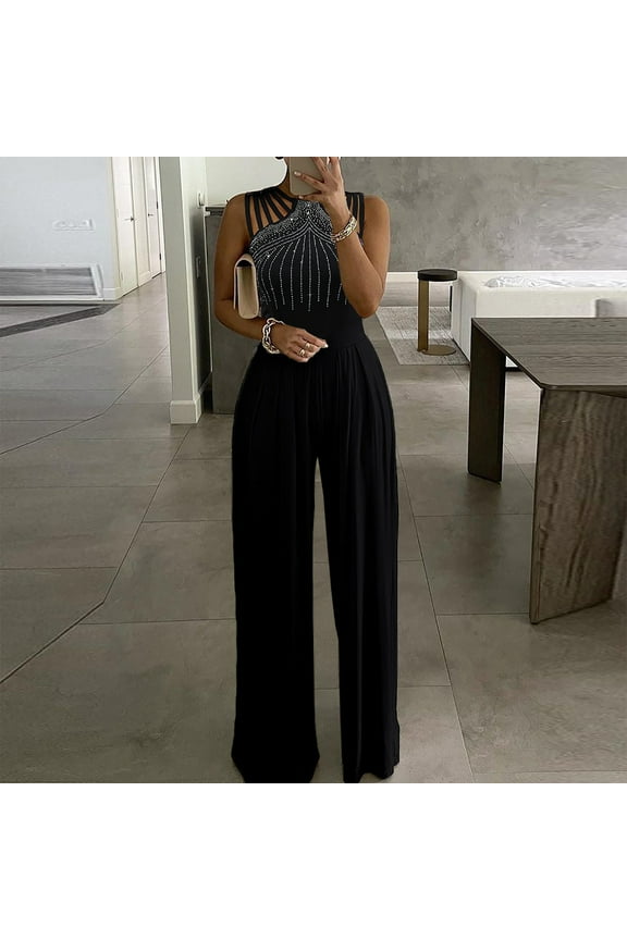 Womens One Piece Elegant Overlay Jumpsuit Dressy Glitter Bodycon Formal Sleeveless Rhinestone Wide Leg Romper Party Outfits