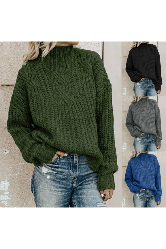 Womens Oversized Cable Knit Sweaters Mock Neck Chunky Sweaters Long Sleeve Drop Shoulder Pullover Warm Fall Sweaters for Women