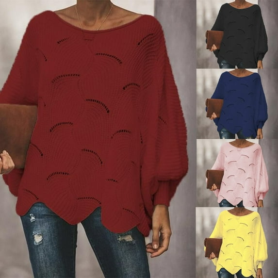 Wiyuqeen Womens Oversized Sweaters Long Sleeve Drop Shoulder Crochet Sweaters Crew Neck Solid Irregular Hem Pullover Plus Size