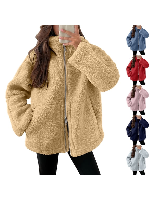 Womens Oversized Teddy Coats Winter Trendy Full Zipper Fleece Jackets Lapel Long Sleeve Outerwear Plain Solid Relaxed Warm Coats with Pockets Winter