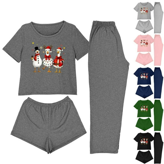 Wiyuqeen Womens Pajamas Sets 3 Piece Christmas Graphic Sleepwear Xmas Party Loungewear Tops Shorts Long Pants