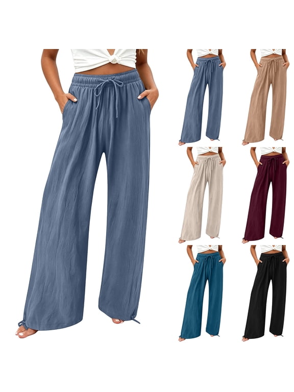 Womens Palazzo Pants Casual Wide Leg Trousers with Cuff Hem Elastic Waist Drawstring Summer Trousers Pocket Lounge Pant