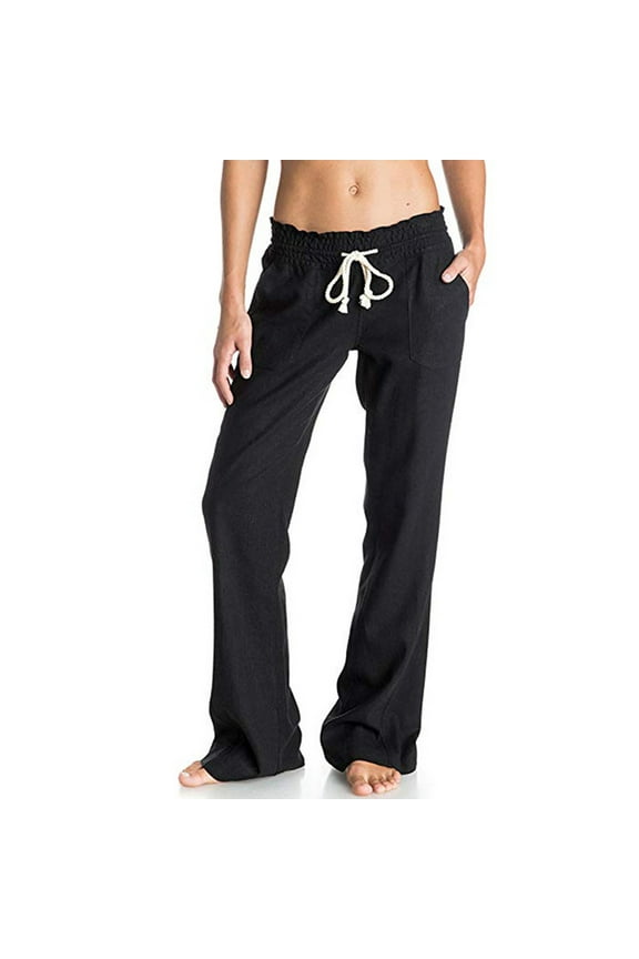 Womens Paper Bag Waist Cotton Pants Plain Drawstring Linen Trousers Casual Loose Fit Straight Wide Leg Pants with Pockets