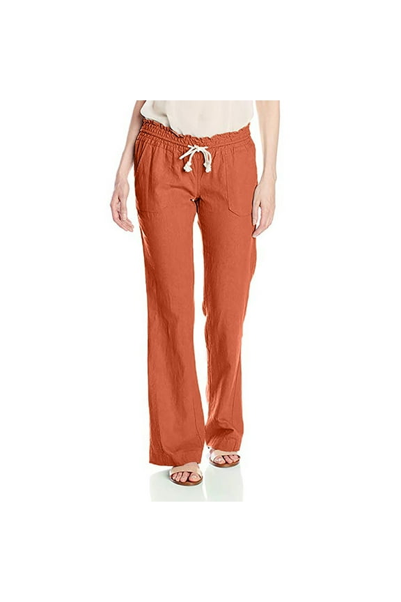 Womens Paper Bag Waist Cotton Pants Plain Drawstring Linen Trousers Casual Loose Fit Straight Wide Leg Pants with Pockets