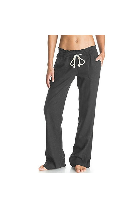 Womens Paper Bag Waist Cotton Pants Plain Drawstring Linen Trousers Casual Loose Fit Straight Wide Leg Pants with Pockets