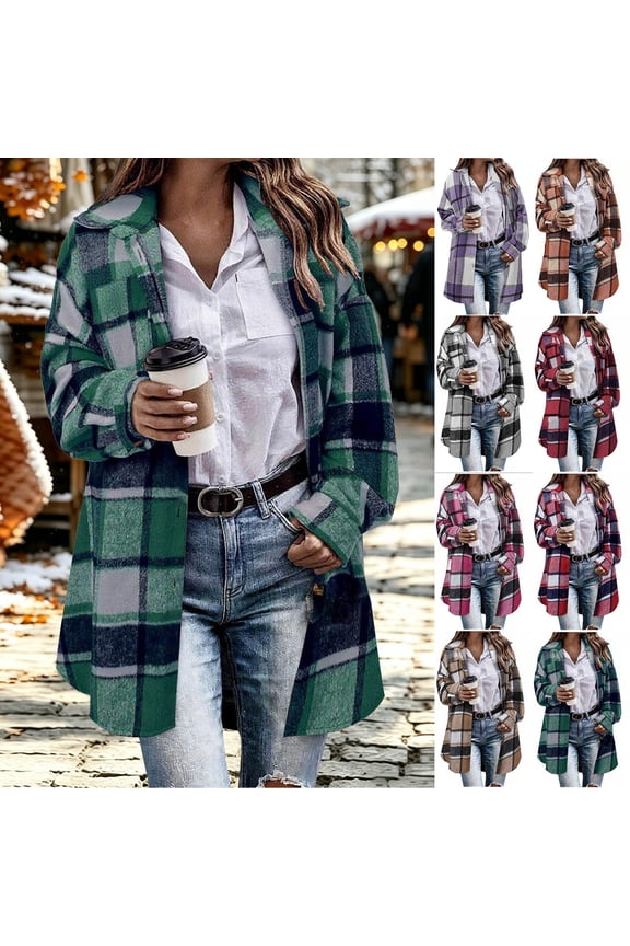 Womens Plaid Shacket Jacket Long Tweed Shirt Casual Lapel Button Down Flannel Trench Coats Fall Winter Wram Cardigans S-XXL